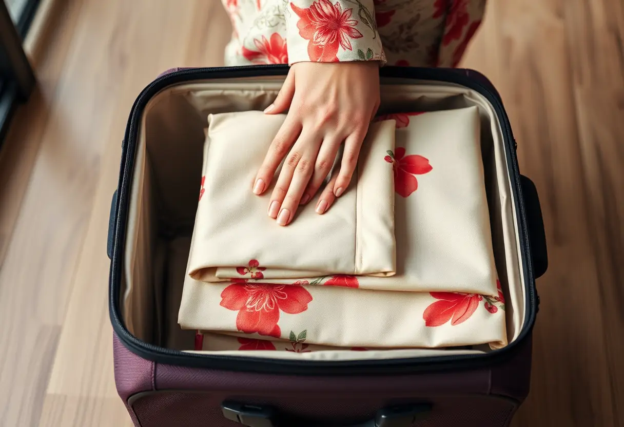 La main d'une personne rangeant soigneusement un kimono replié dans une valise en cuir souple