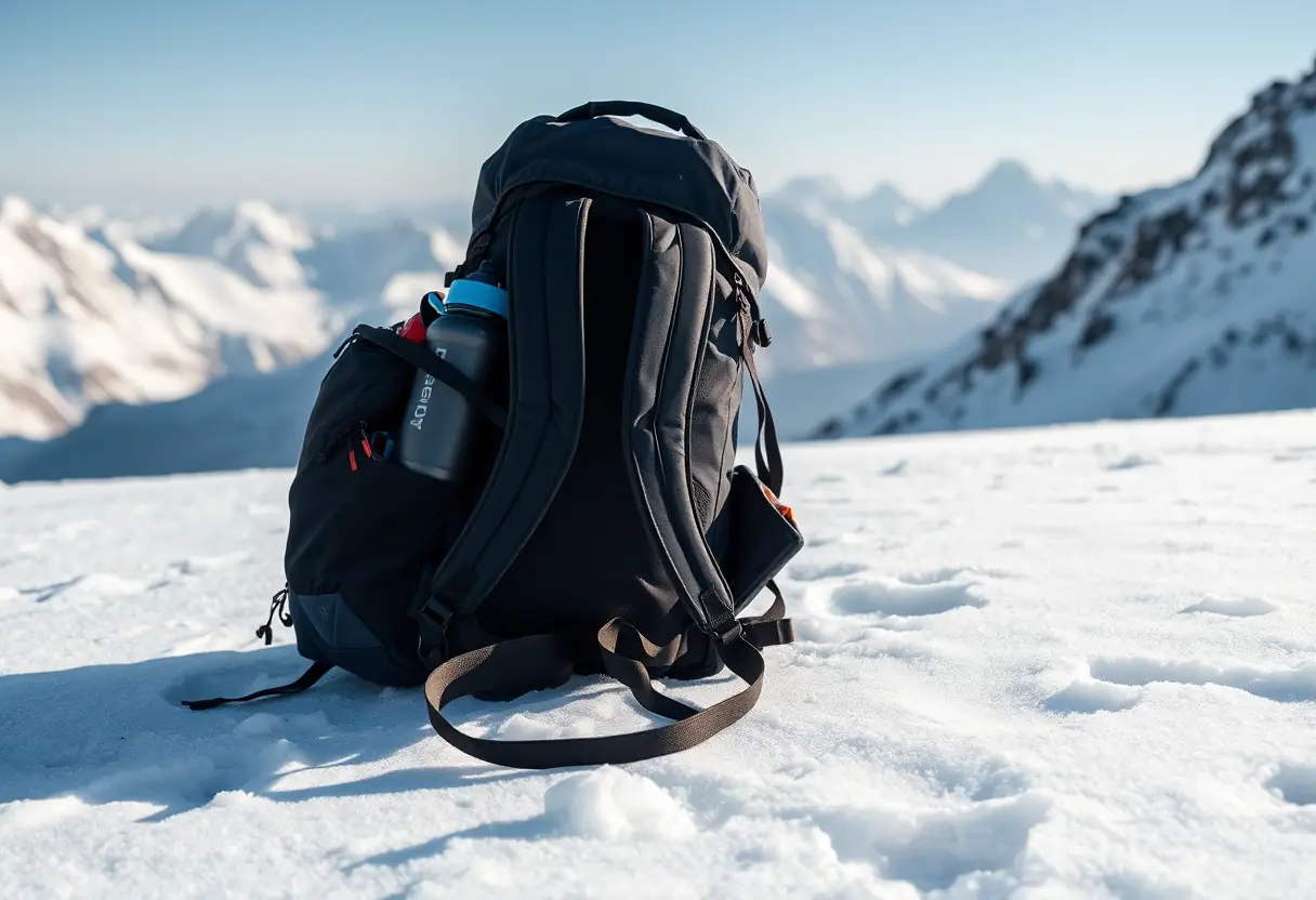 Un sac à dos sur le sol neigeux avec ses affaires de ski