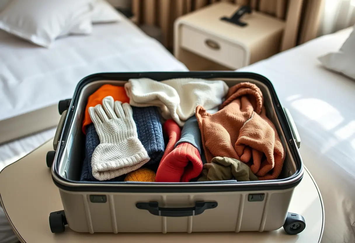 Une valise ouverte montrant des vêtements de ski rangés avec soin