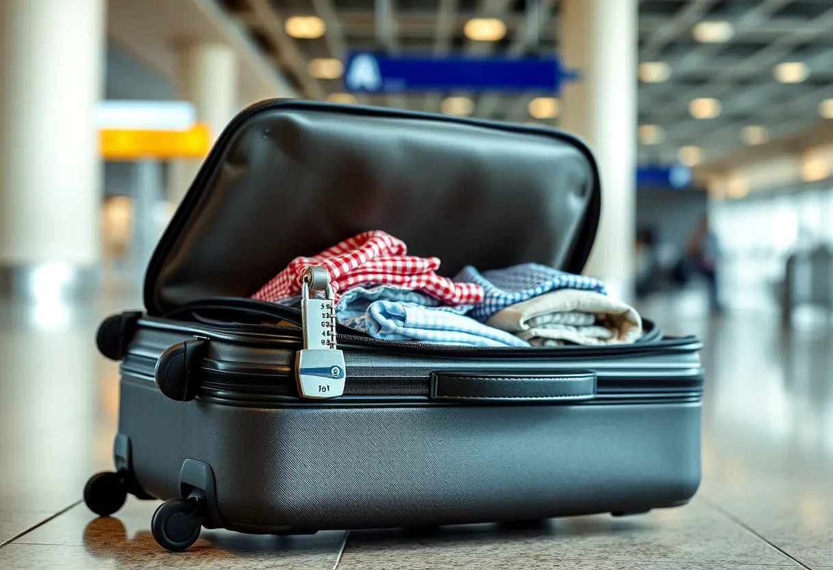 Une valise fermée avec cadenas dans un aéroport moderne