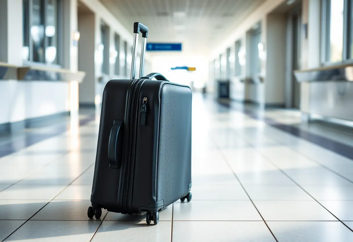 Une valise fermée repose sur un sol dallé, dans un couloir d'aéroport éclairé par la lumière du jour