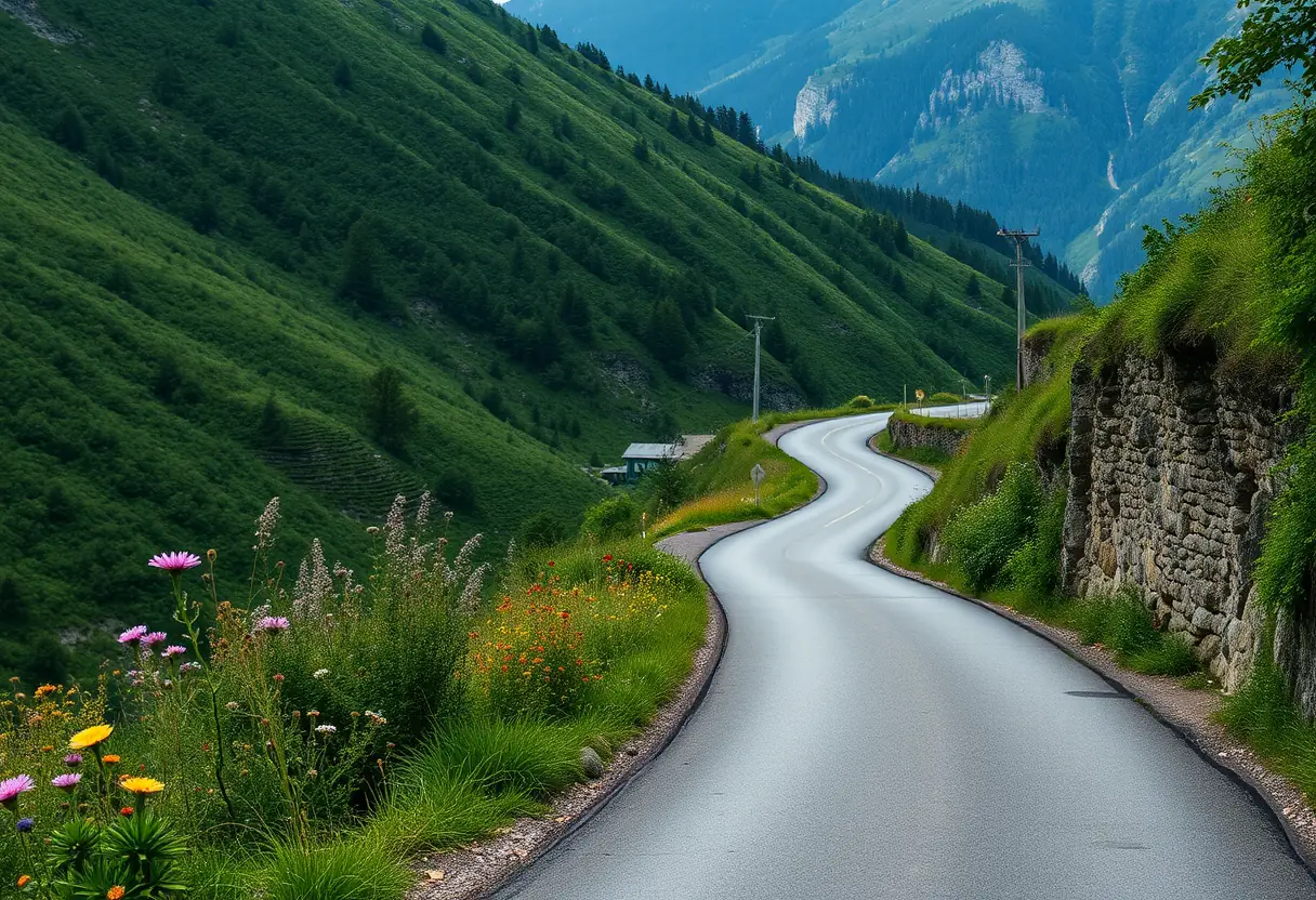 Une route étroite et sinueuse montant vers l'infini, bordée de verdure luxuriante et parsemée de fleurs sauvages.