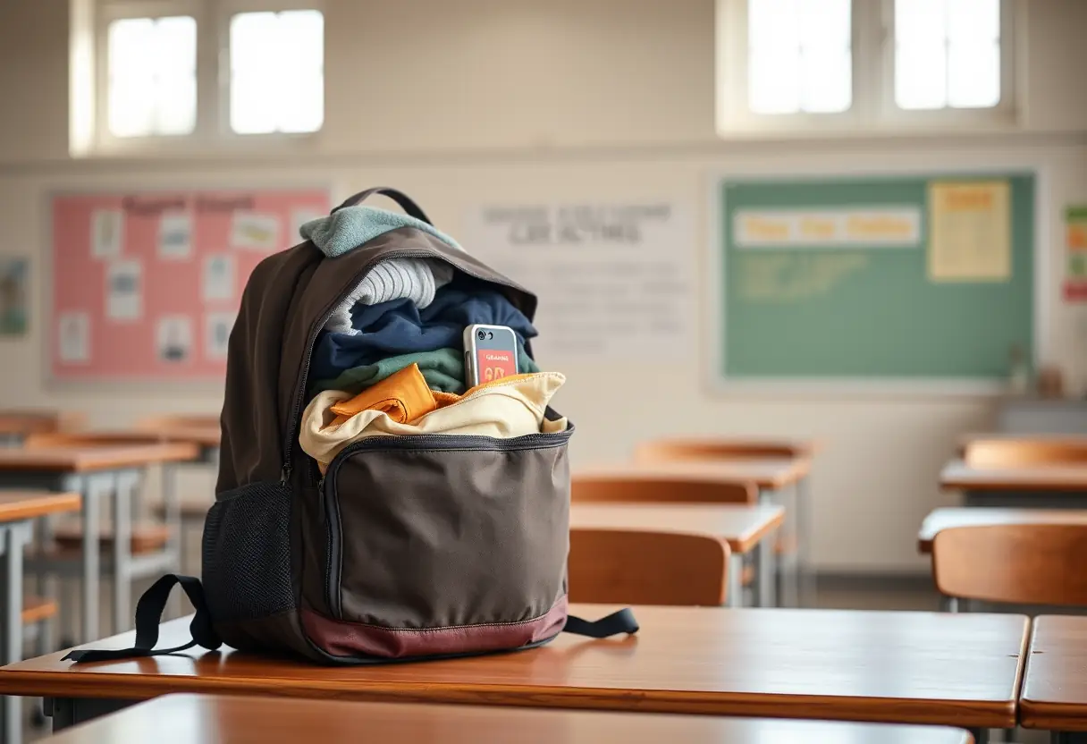 Un sac à dos plein posé sur une table dans une classe