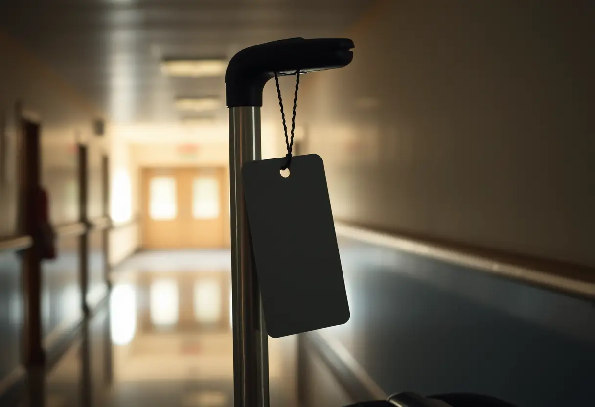 Un autocollant de bagage accroché à une poignée de valise dans un couloir sombre d'une école
