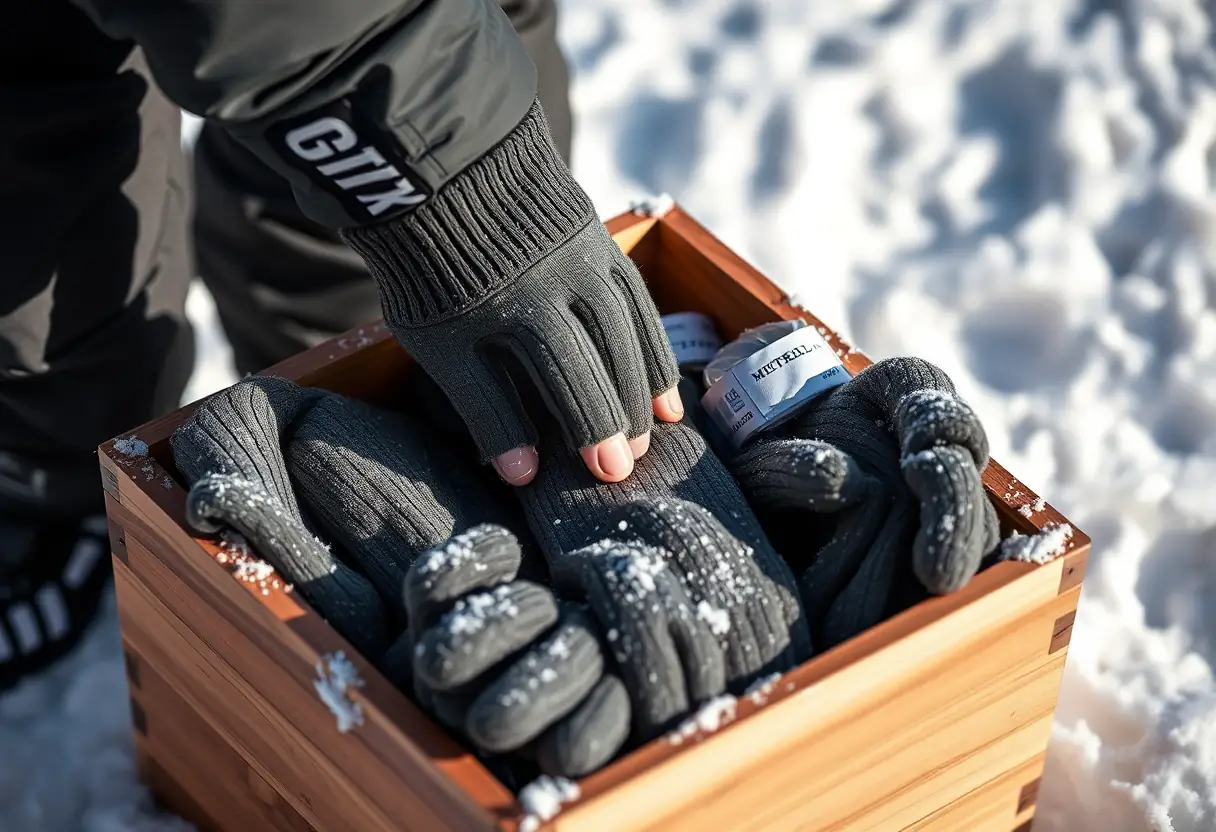 Des mains plongent dans une boîte en bois contenant des chaussettes et des mitaines de ski