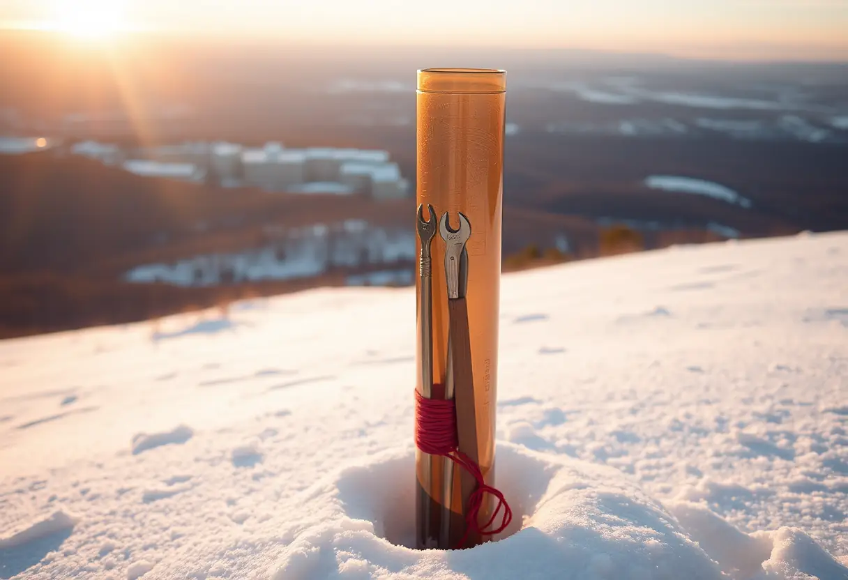 Un tube en plastique vertical contient des outils de secours pour skieurs