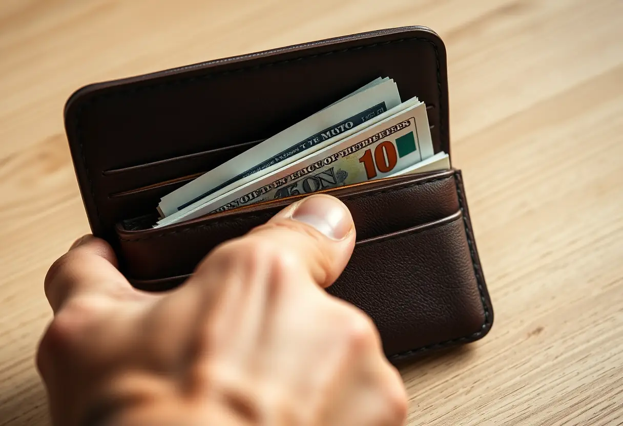 Une main qui insère un paquet de billets dans un portefeuille en cuir