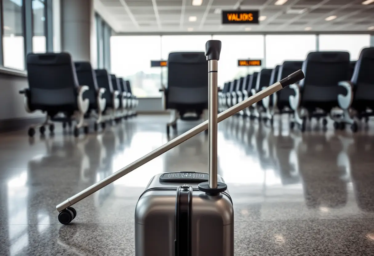 Un manche télescopique sortant d'une valise posée sur le sol d'un aéroport, avec des rangées de sièges visibles à travers les fenêtres