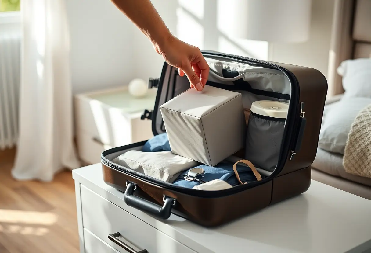 Une main pose un petit compartiment carré dans une valise ouverte sur une commode dans une chambre, éclairée par la lumière du matin