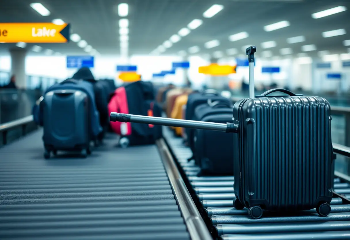 Une poignée télescopique qui dépasse d'une valise rigide posée sur un tapis de tri à l'aéroport.