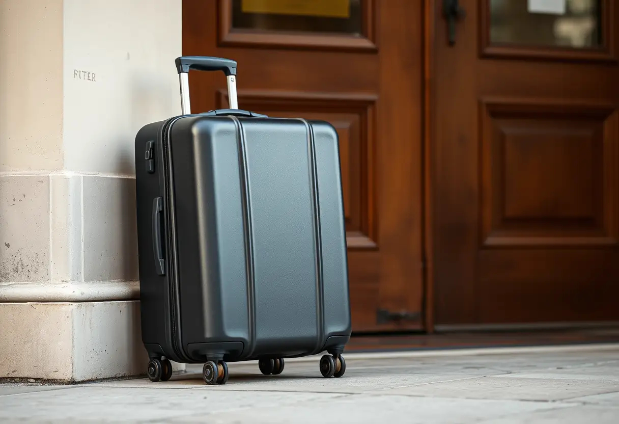 Une valise rigide fermée placée près d'une porte d'entrée, sa poignée pointant vers la rue, prête pour un voyage