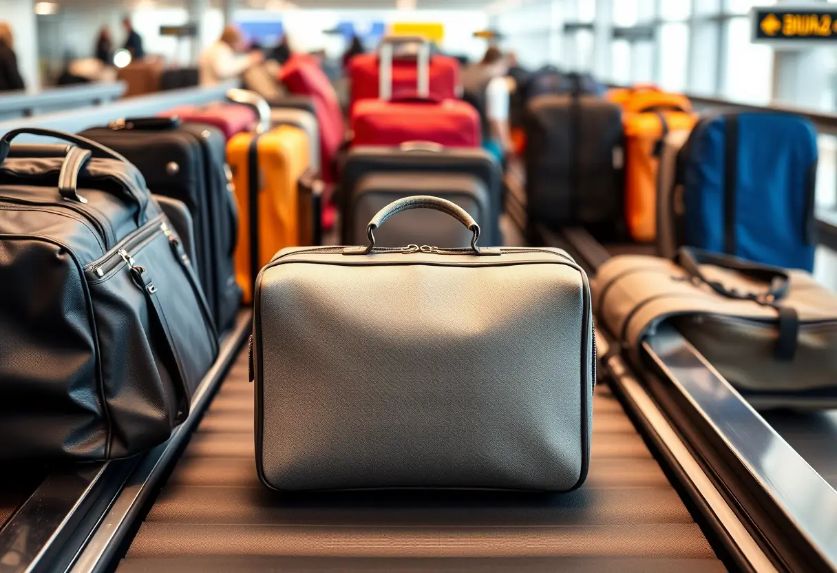 Un sac de voyage rectangulaire fermé posé sur un tapis transporte d'aéroport entouré d'autres bagages