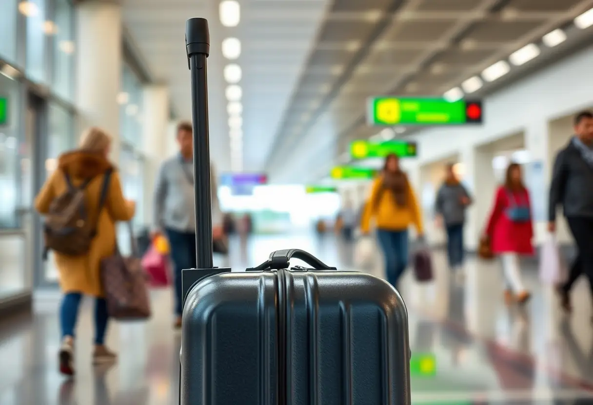 Un manche télescopique qui sort d'une valise cabine rigide moyenne dans un couloir d'aéroport bondé