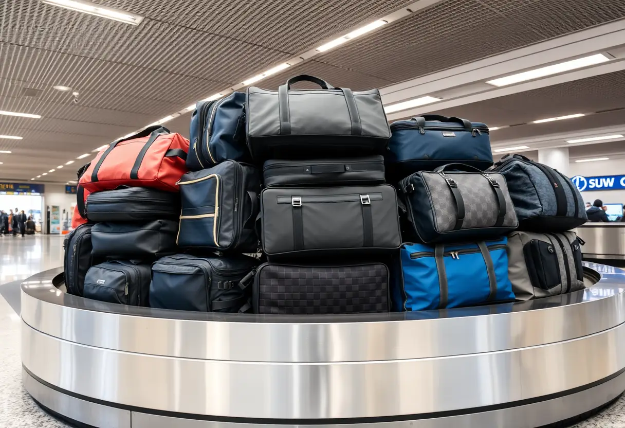 Des valises cabines empilées sur un tapis de bagages dans un terminal aéroportuaire, montrant diverses tailles et formes