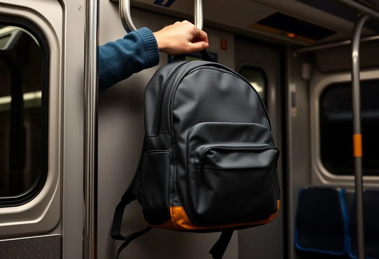 Une main pose un sac à dos moyen sur la barre à bagages d'un train.