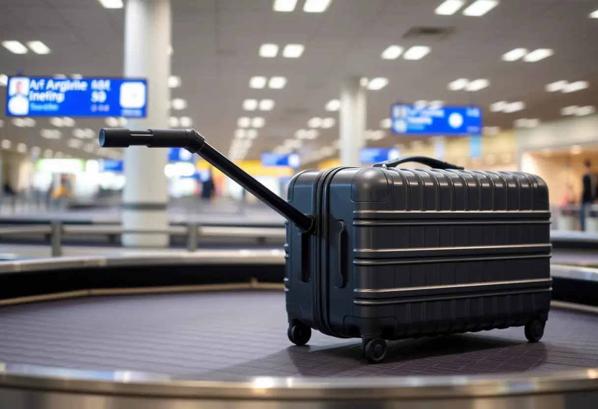 Un bouton télescopique étendu, fixé à une valise rigide rectangulaire sur un tapis de bagages dans un aéroport.