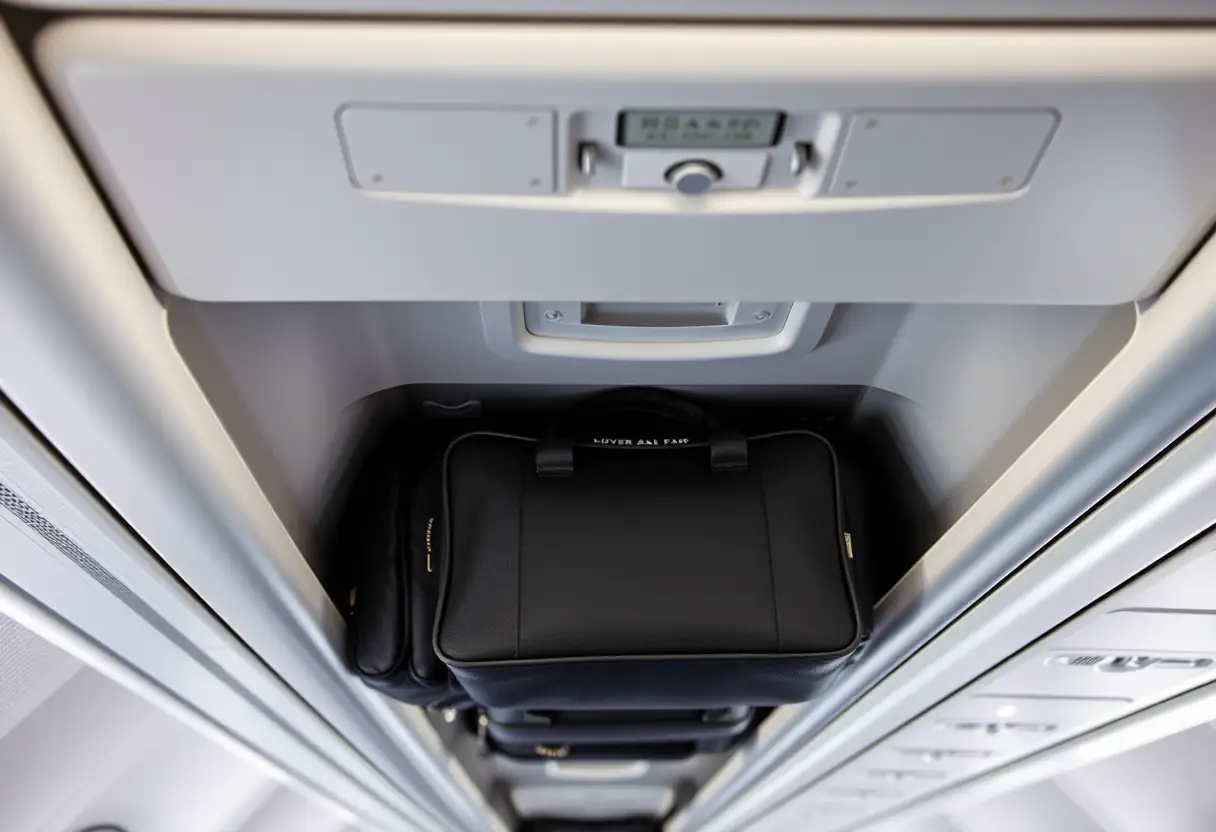 Un sac de voyage rectangulaire dans un compartiment au-dessus des sièges dans un avion