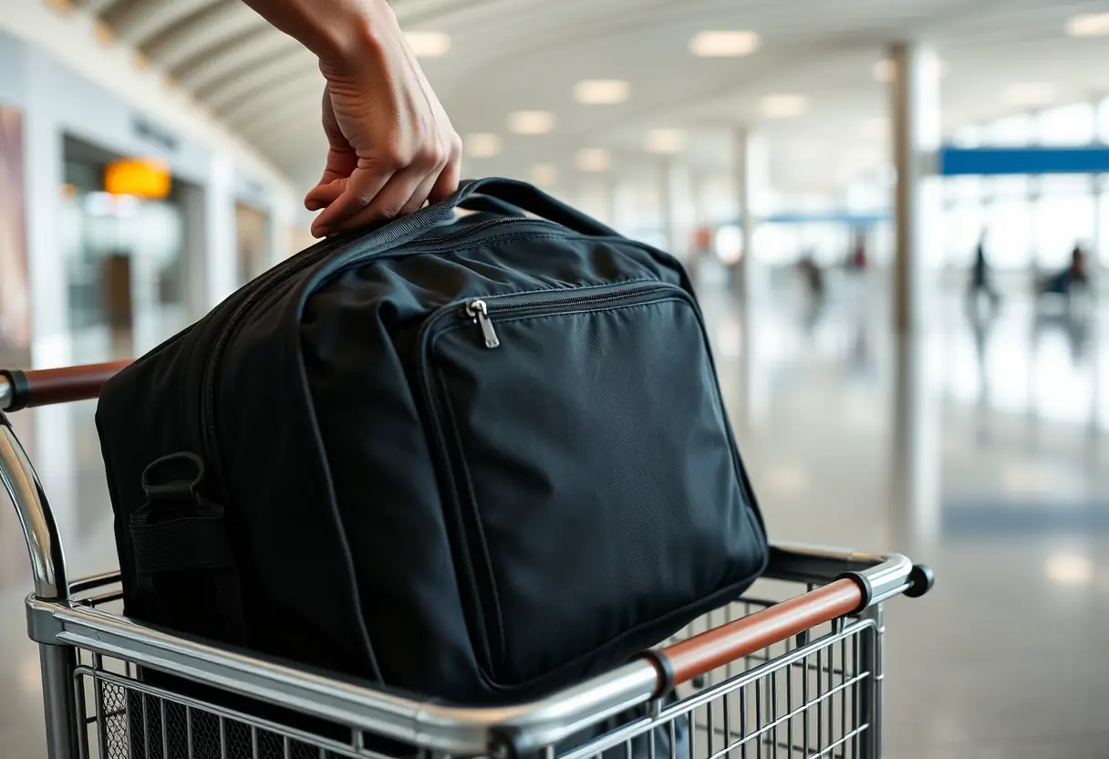 Une main refermant la fermeture à glissière d'un sac de voyage doublé dans un aéroport