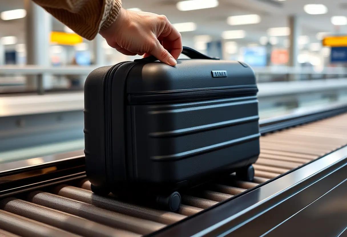 Une main refermant doucement la fermeture d'une valise cabine rigide sur un tapis de bagages dans un aéroport
