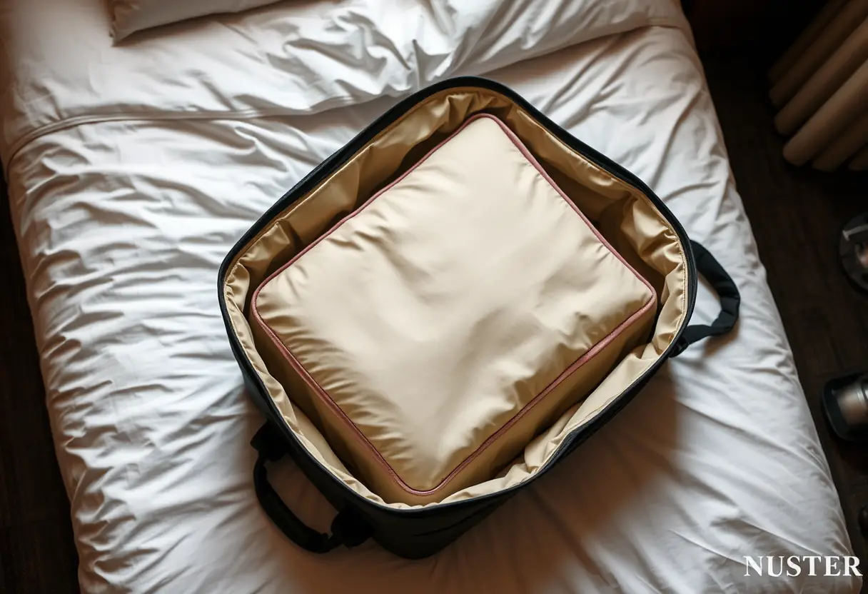 Un cube de rangement rectangulaire disposé soigneusement à l'intérieur d'une valise cabine souple posée sur un couvre-lit d'hôtel