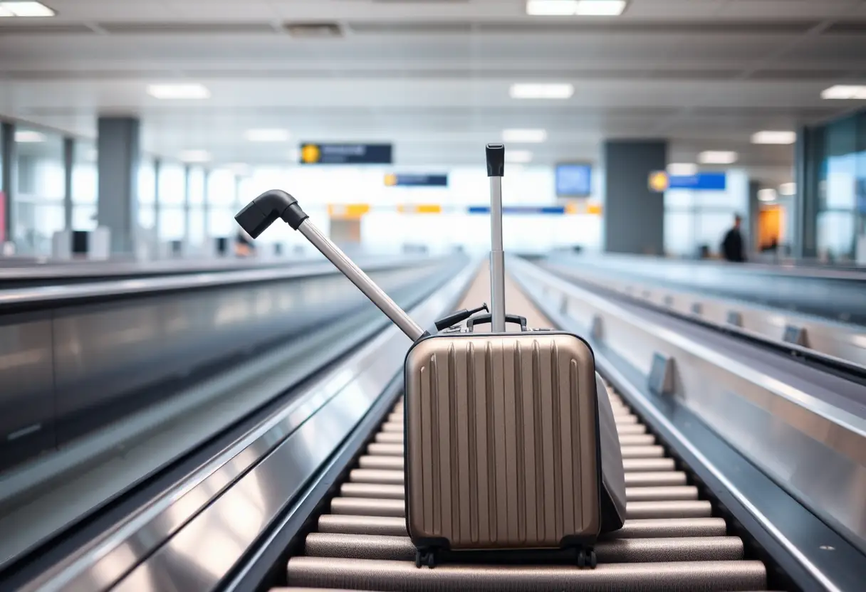 Un bouton de poignée télescopique sorti d'une valise souplesse sur un tapis roulant d'aéroport