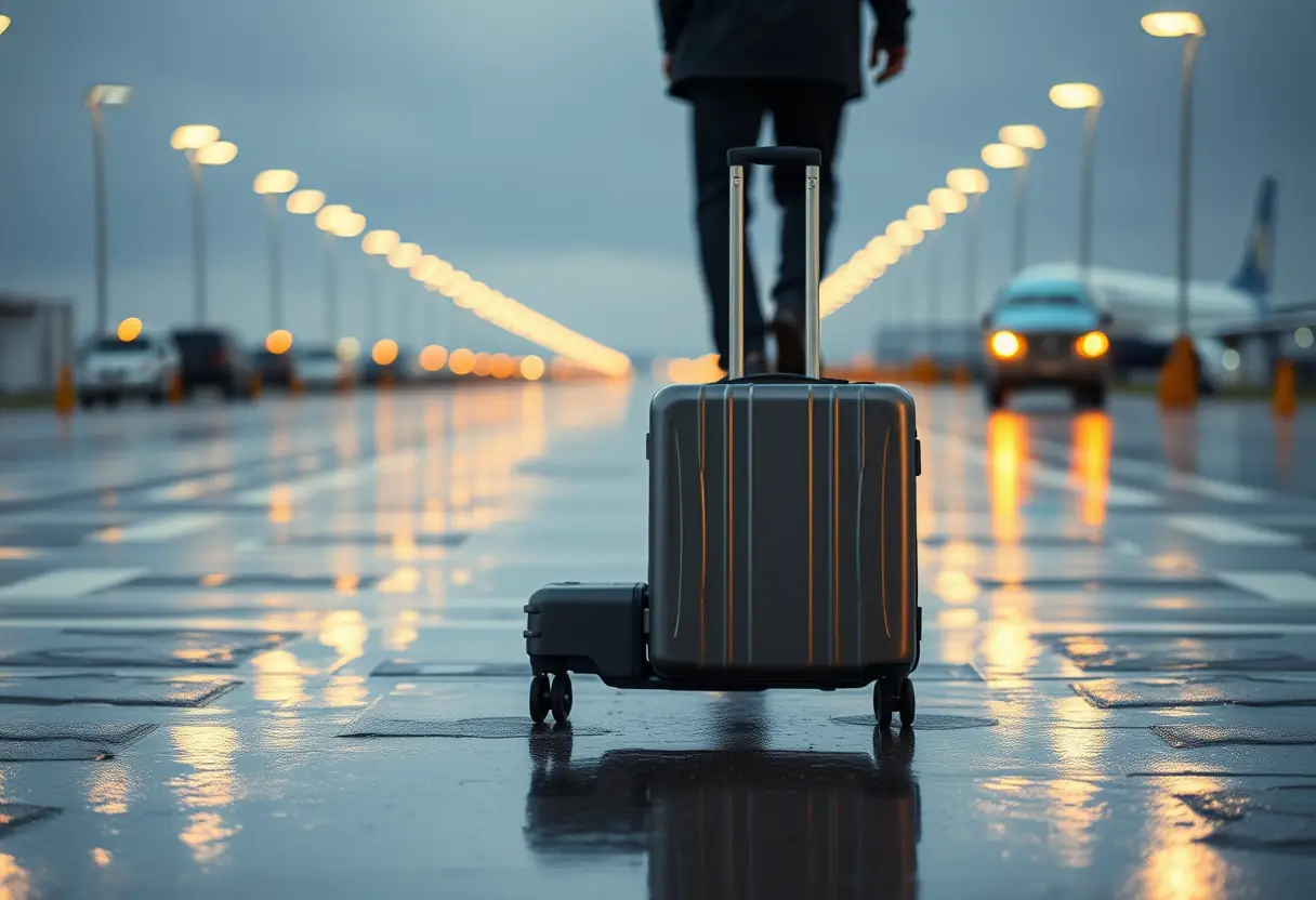 Des roues d'une valise tournent sur un terrain d'aéroport mouillé