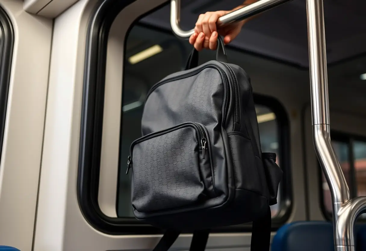On met un sac à dos moyen dans la rangée de bagages au-dessus des sièges