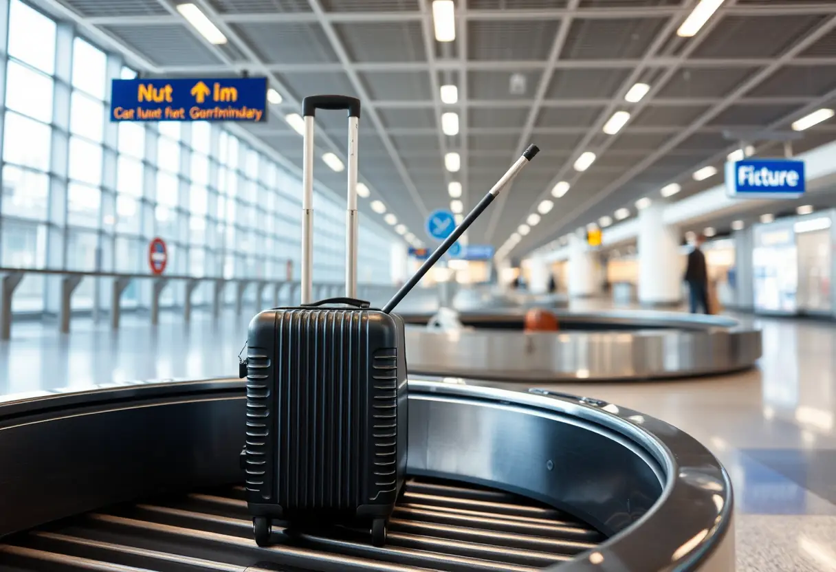 Un manche télescopique sortant d'une valise à main moyenne posée sur un tapis de bagages dans un terminal d'aéroport