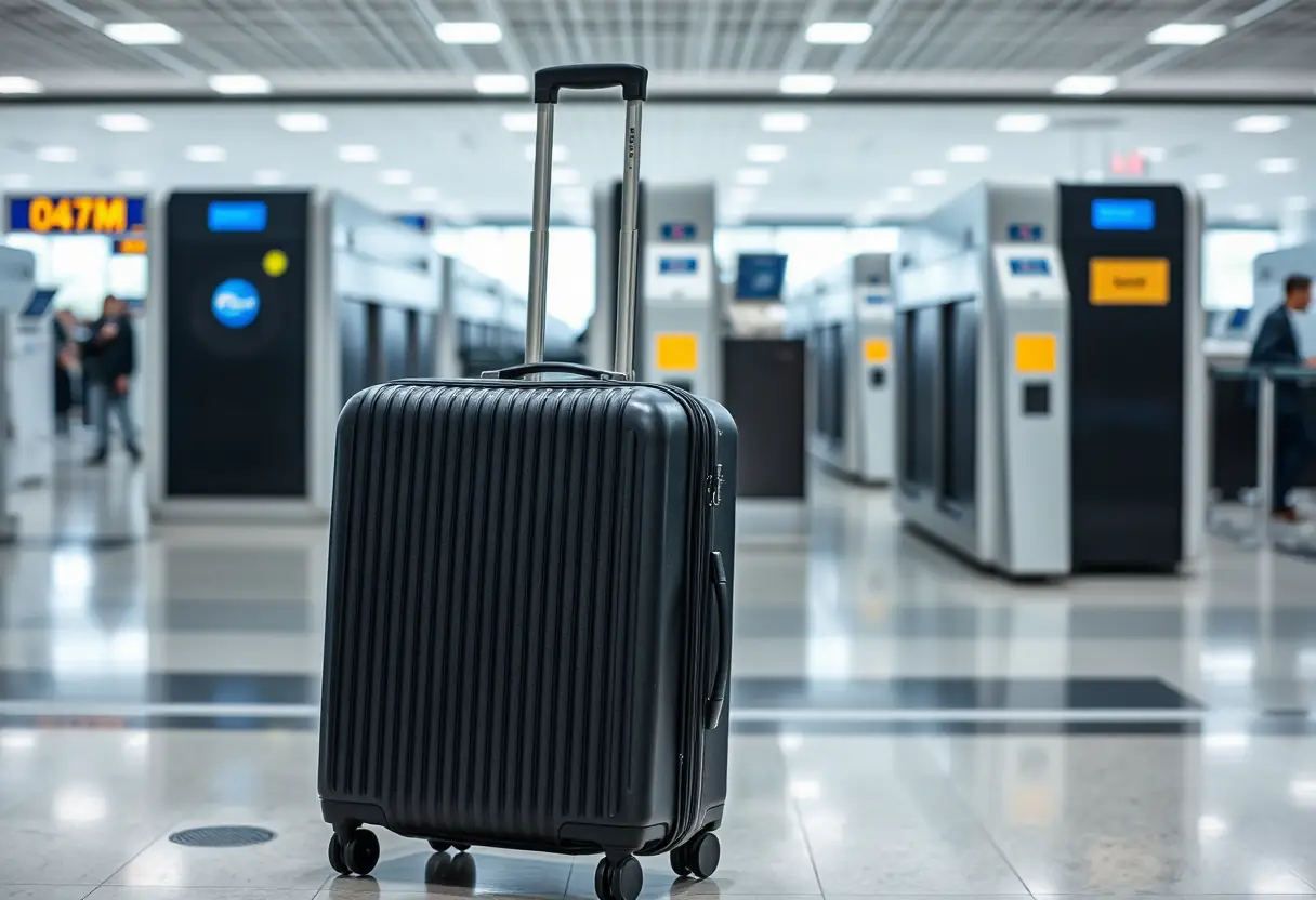 Un porte-mallette étendu à côté d'une valise de taille moyenne posée près d'un scanner de sécurité à l'aéroport