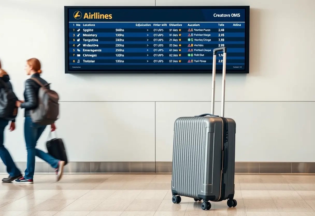 Un bouton de manivelle déployé sur un porte-valises situé près d'une armoire à information aérienne, montrant des voyageurs à différentes distances