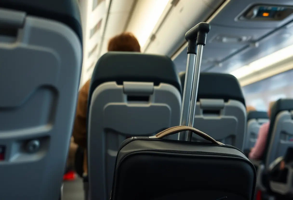 Un bagage de cabine avec poignée télescopique placé sous un siège d'avion, des passagers se déplacent à l'arrière