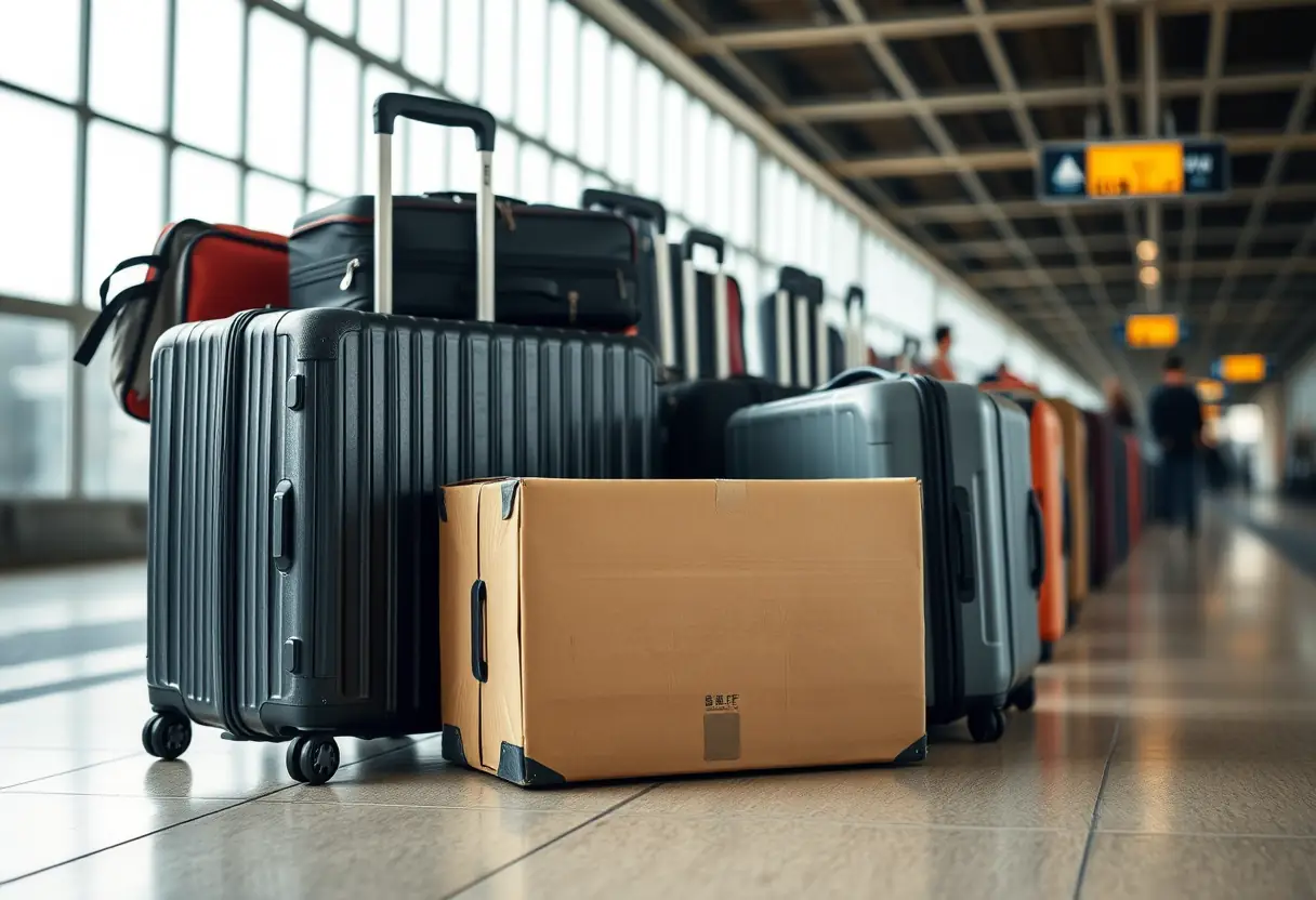 Un carton rectangulaire posé parmi plusieurs valises dans la zone de bagages de la gare