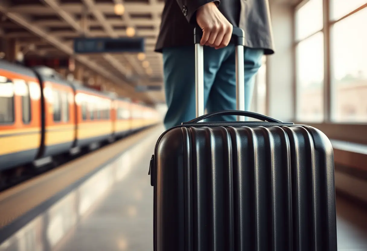 La main d'un voyageur qui ferme la fermeture éclair d'une grande valise à roulettes dans un couloir de gare