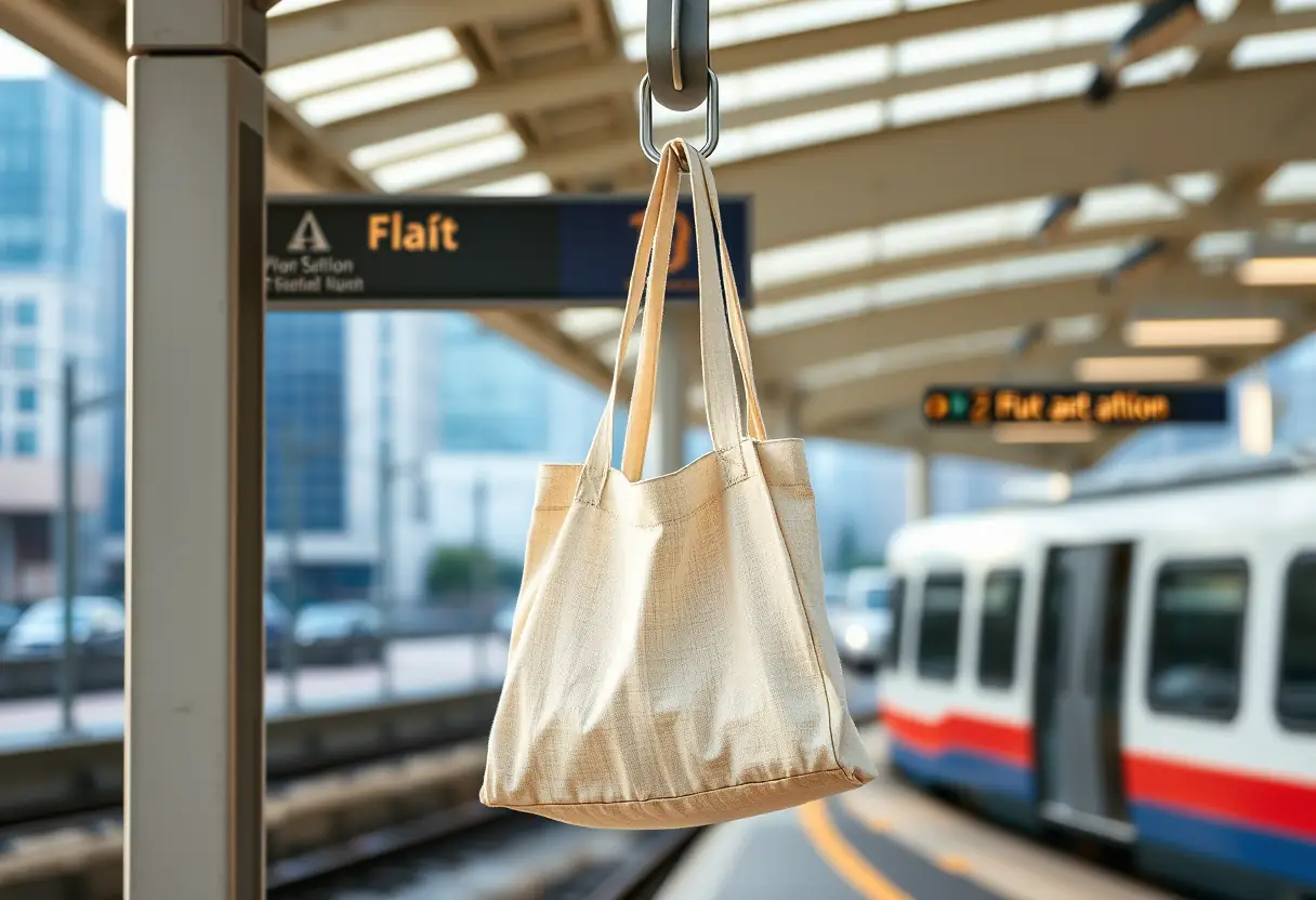 Une sacoche rectangulaire en tissu suspendue à un crochet métallique en dehors d'une gare, avec un paysage urbain visible en arrière-plan