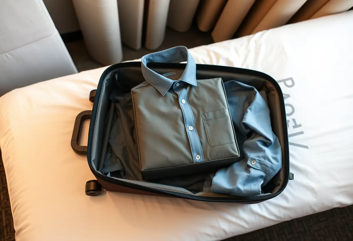 Un compartiment de rangement rectangulaire placé à l'intérieur d'une valise cabine posée à plat sur un bureau d'hôtel, avec une chemise pliée dessus
