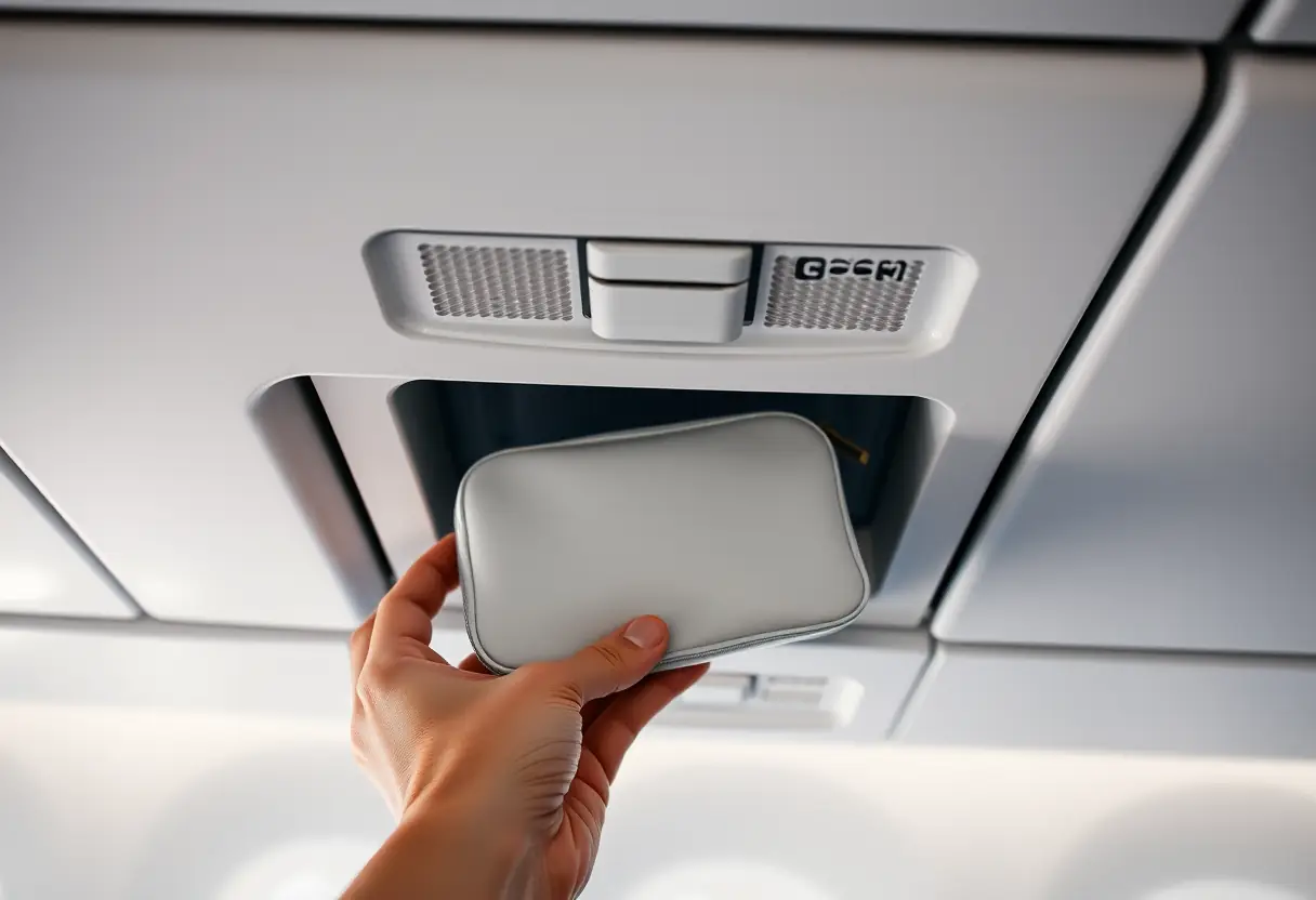 Une main posant un kit de toilette dans un compartiment de soute au-dessus d'un siège d'avion, vu depuis le bas