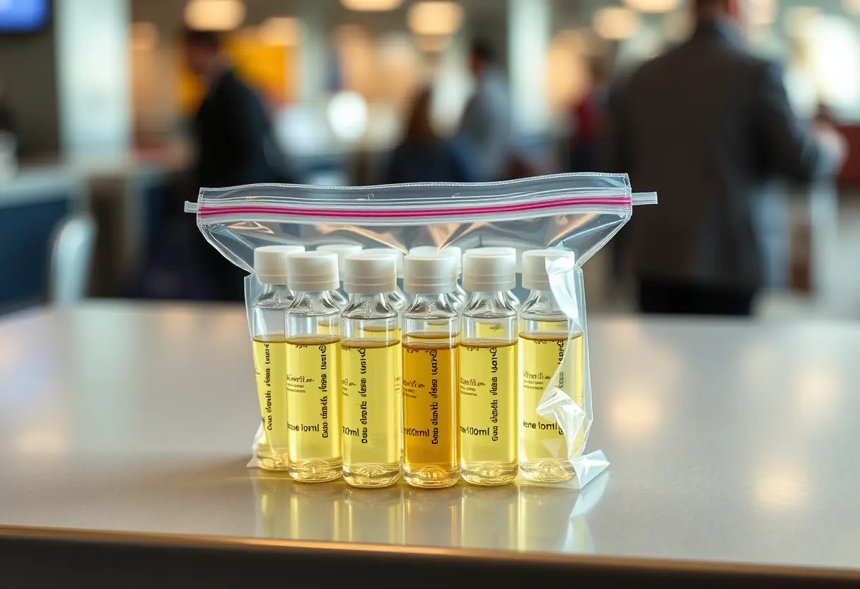 Un sac en plastique transparent rempli de petites bouteilles de liquide, chacune inférieure à 100ml, posées sur un comptoir d'enregistrement