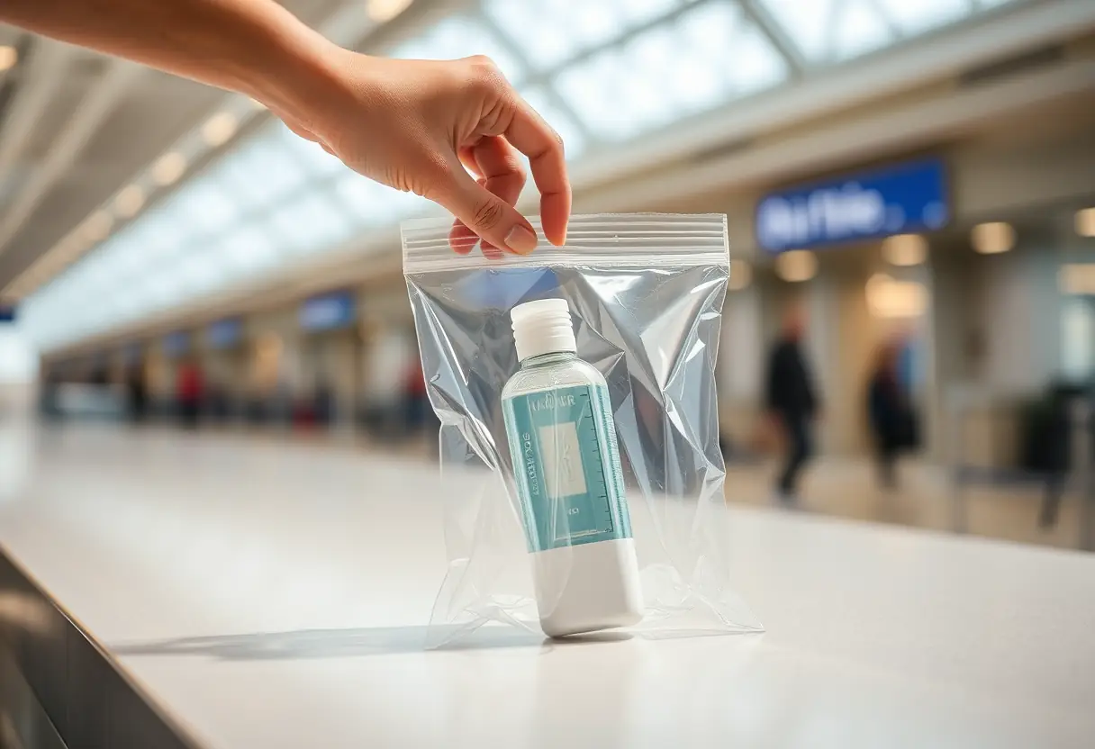 Une main posant une petite bouteille de toilette dans un sac en plastique transparent sur un comptoir d'aéroport