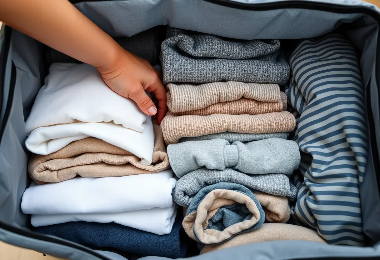 Une main qui atteint vers un compartiment de rangement plein de vêtements pliés