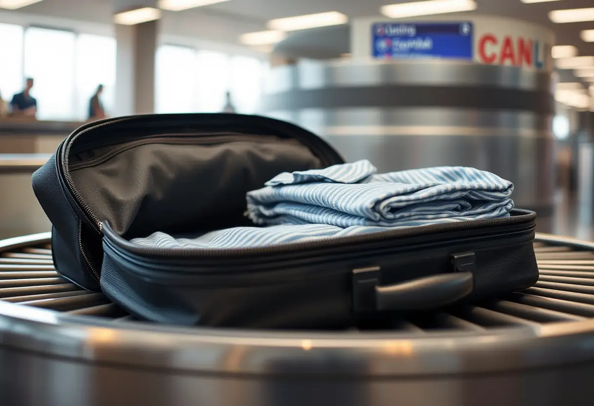 Une valise ouverte sur un tapis de bagages