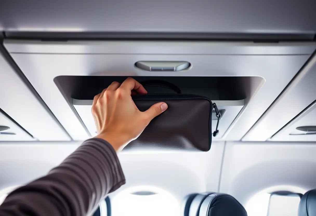 Une main pose un sac dans une soute à bagages au-dessus des sièges dans un avion.