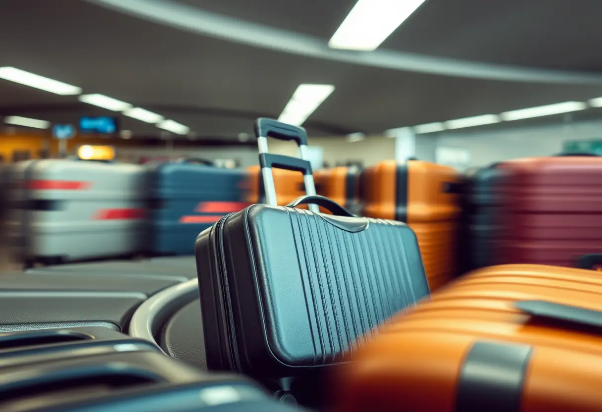 Une valise repose sur un tapis de bagagerie entourée d'autres valises qui tournent lentement.