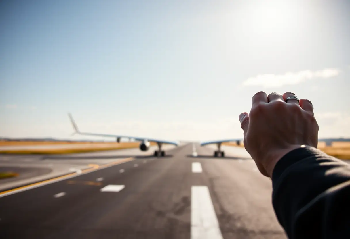 Une poignée télescopique tenue par une main sur un tarmac, indiquant quelqu'un prêt à embarquer
