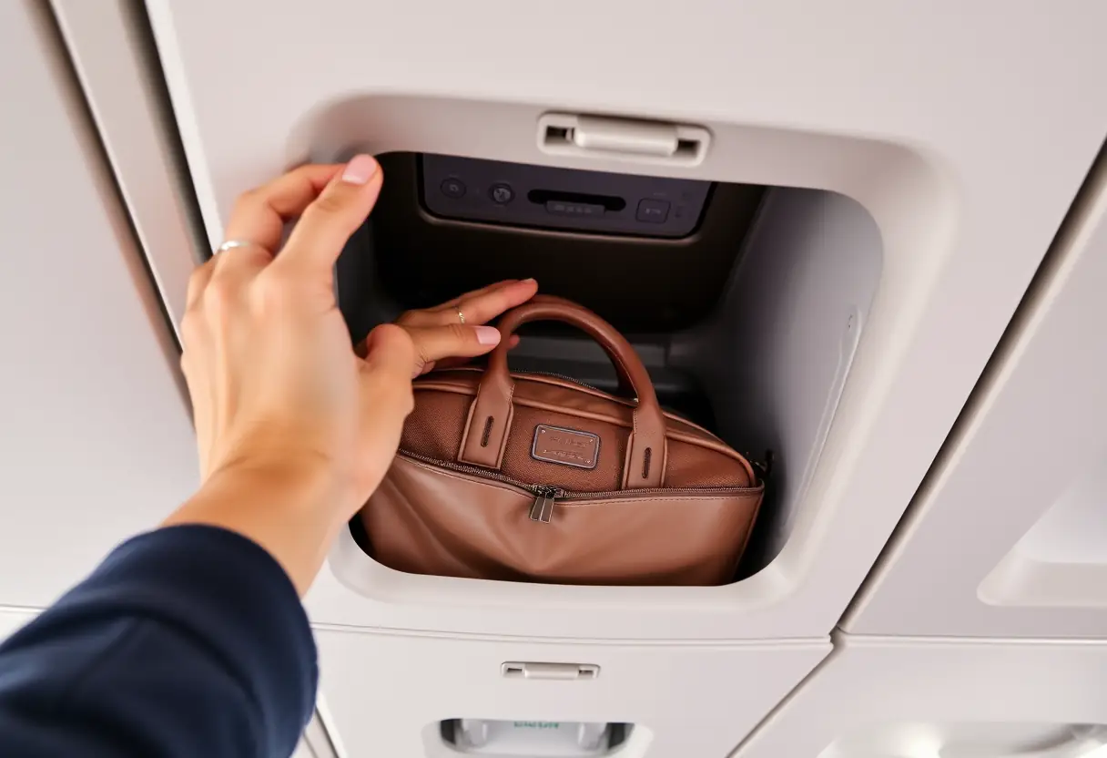 Une main enfonce un bagage cabine dans un compartiment au-dessus des sièges dans un avion