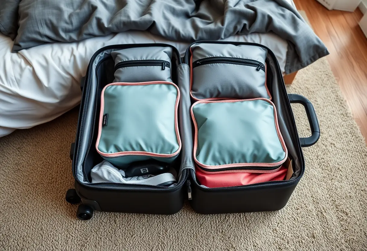Des cubes de rangement bien organisés à l'intérieur d'une valise sur le plancher d'une chambre à coucher