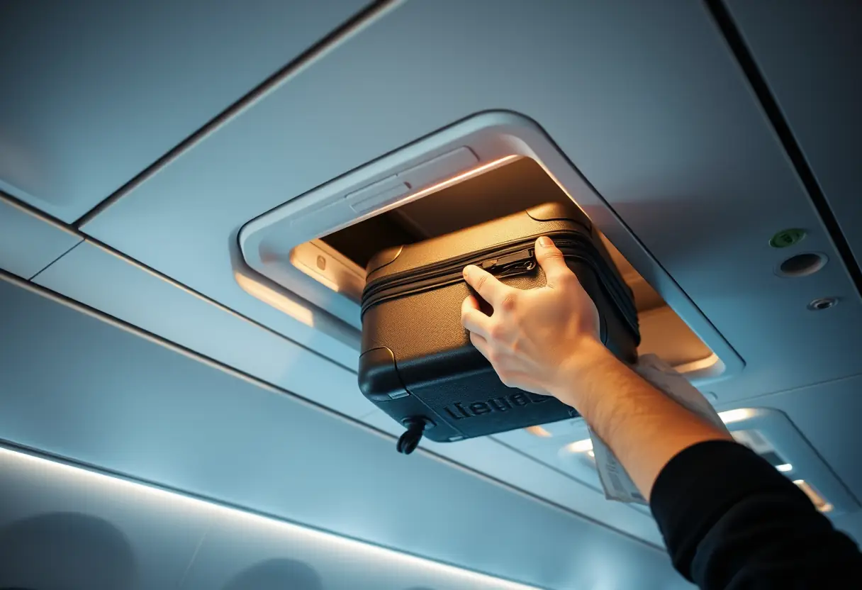 Une main mettant une valise dans un compartiment au-dessus des sièges dans un avion
