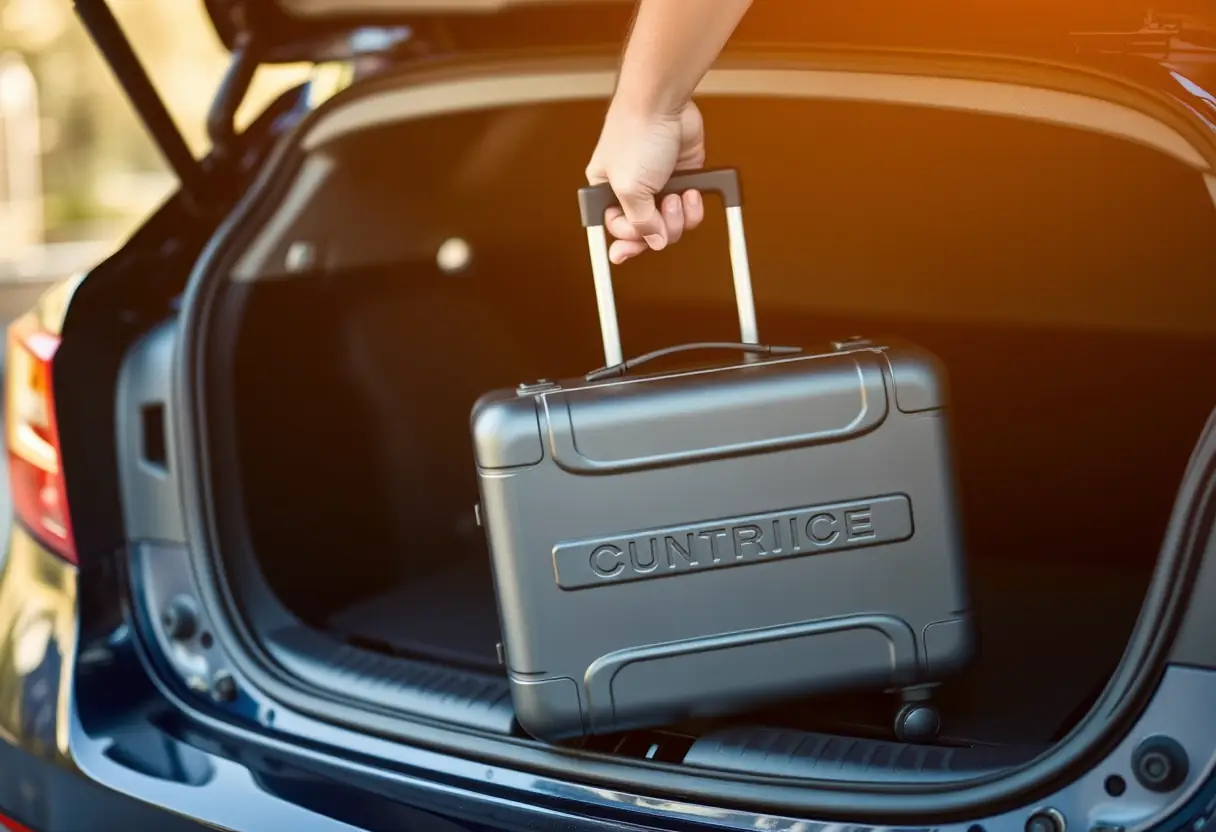 Une main place un petit coffre à valises dans le coffre d'une voiture, les roues du coffre reposant sur le bord de l'ouverture du coffre