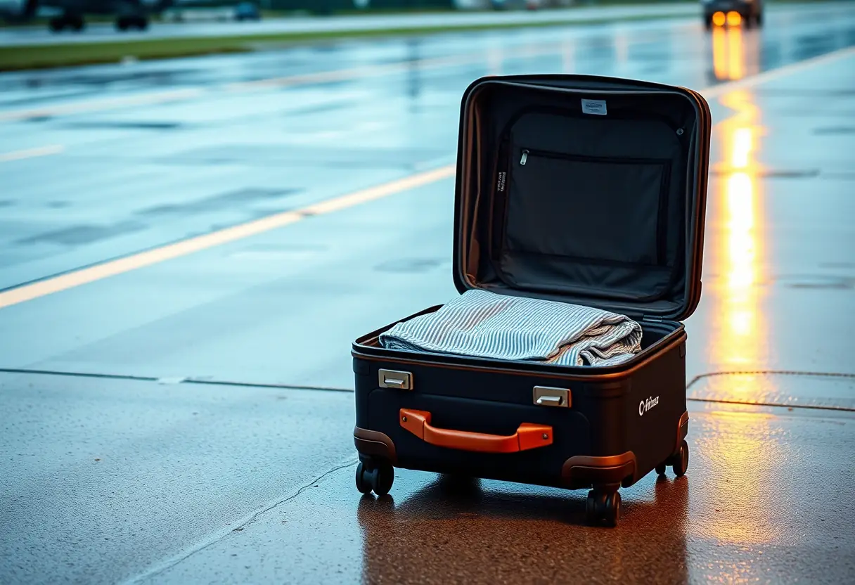 Des roues de valise tournent sur une piste d'aéroport mouillée, la valise est posée sur le sol avec son couvercle ouvert, révélant des vêtements pliés avec soin à l'intérieur