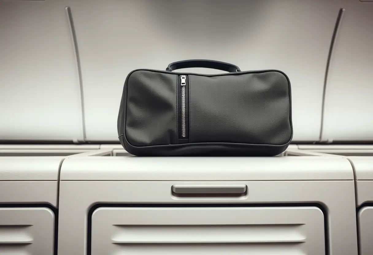 Un sac cabine rectangulaire fermé reposant sur une tablette de soute, ses zip alignés verticalement
