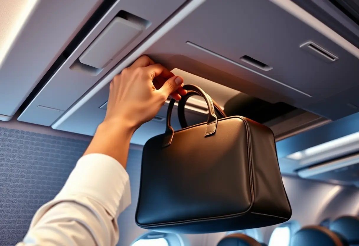 Une main introduisant un sac-cabine moyen dans un compartiment de rangement au-dessus des sièges dans un avion